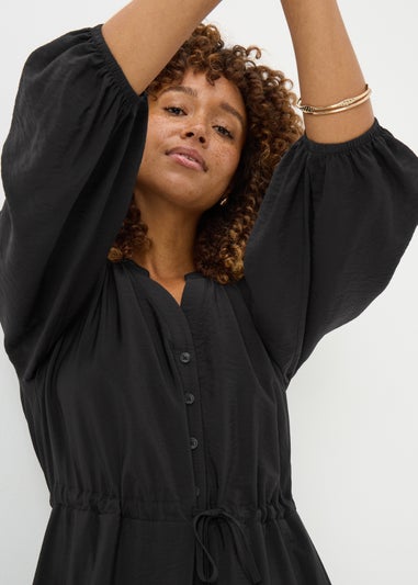 Black Solid Raglan Shirt Dress