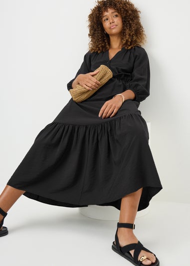 Black Solid Raglan Shirt Dress