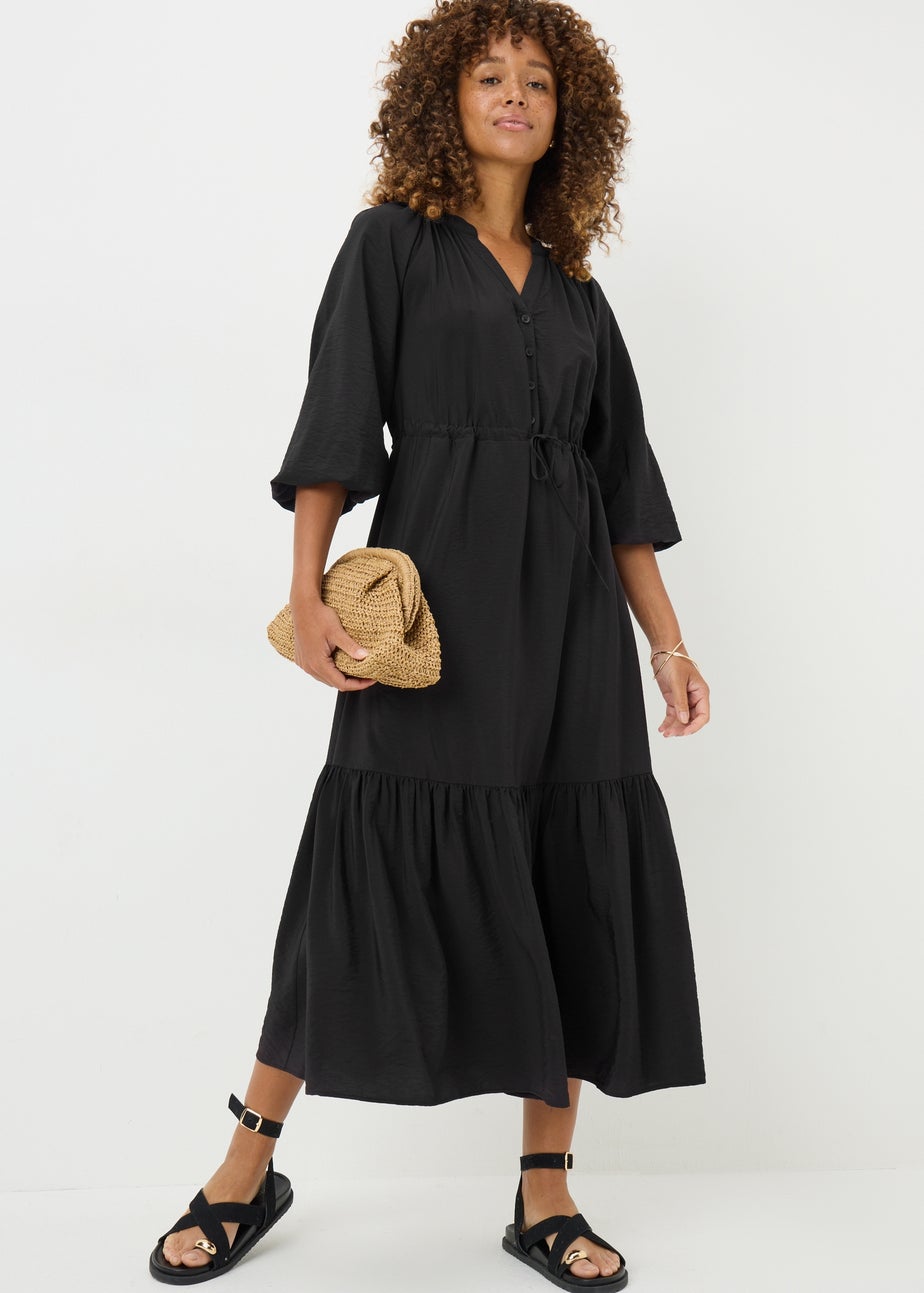 Black Solid Raglan Shirt Dress