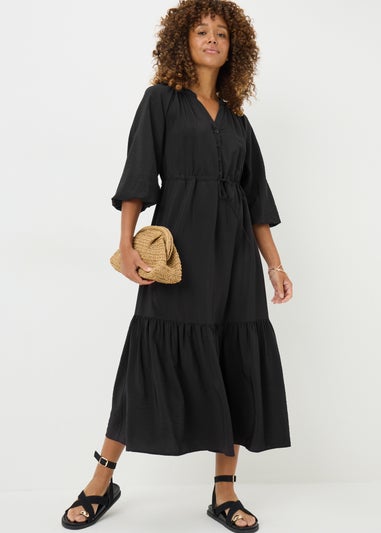 Black Solid Raglan Shirt Dress