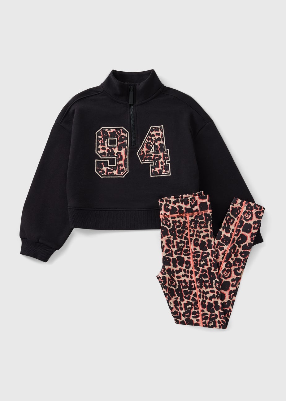 Girls Black Leopard Sports Sweatshirt & Legging Set (7-15yrs)