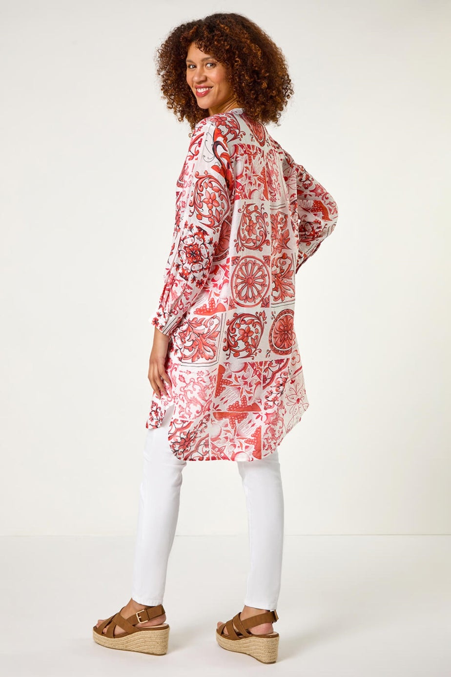 Roman Red Tile Print Longline Blouse