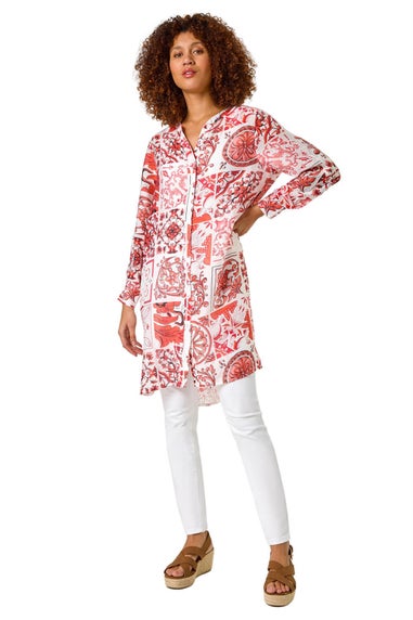 Roman Red Tile Print Longline Blouse