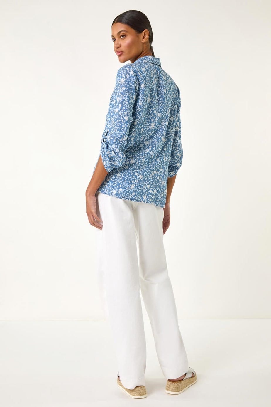 Roman Light Denim Floral Print Button Through Shirt
