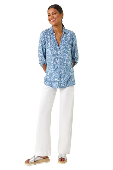 Roman Light Denim Floral Print Button Through Shirt