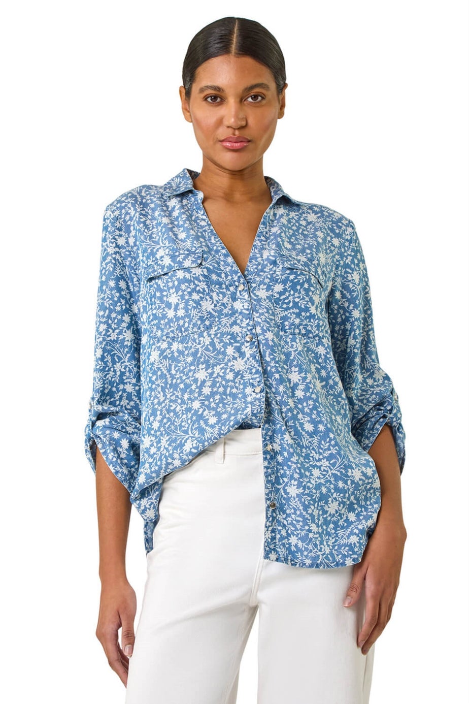 Roman Light Denim Floral Print Button Through Shirt