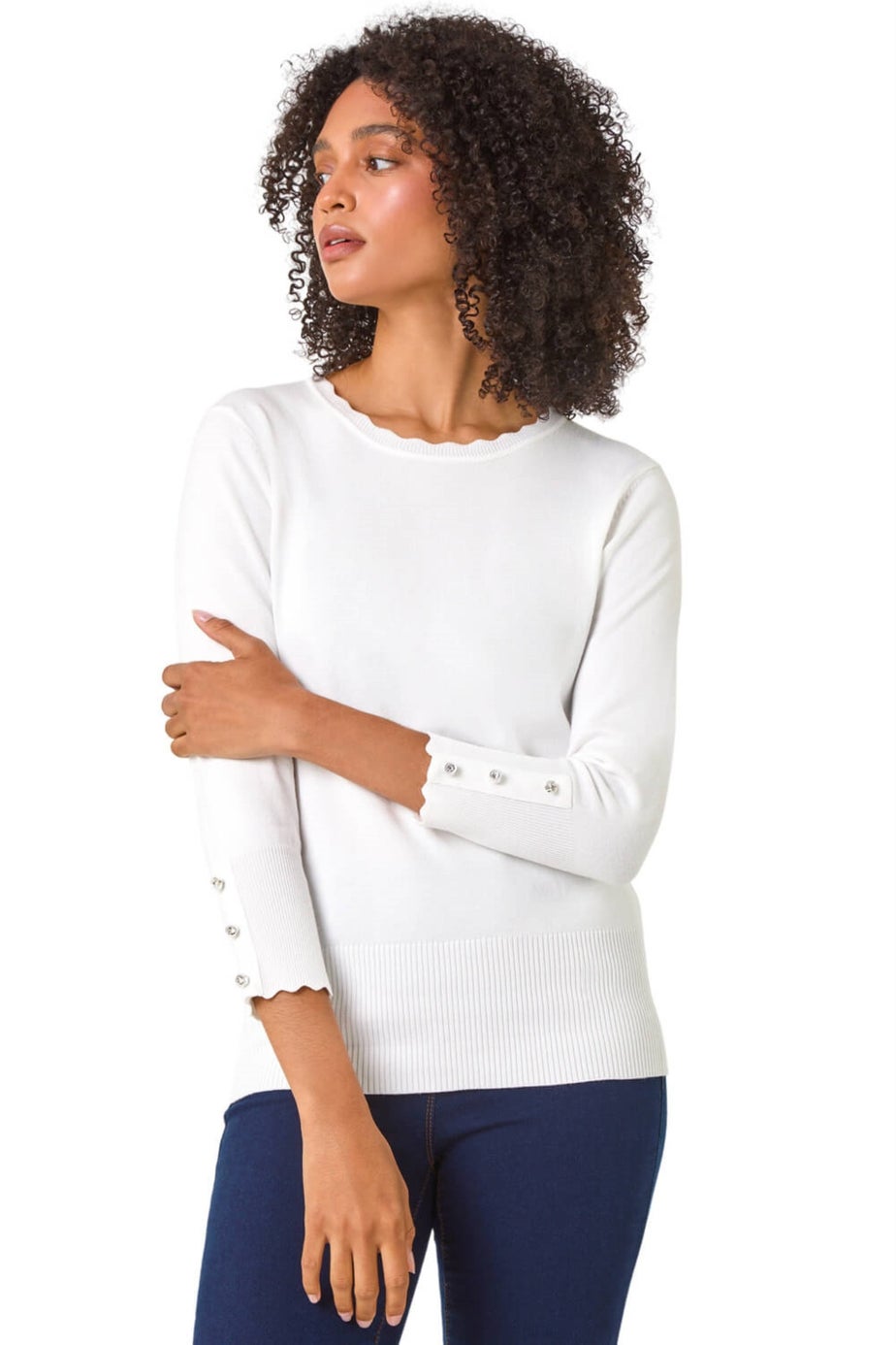 Roman Ivory Scallop Neck Button Knit Jumper