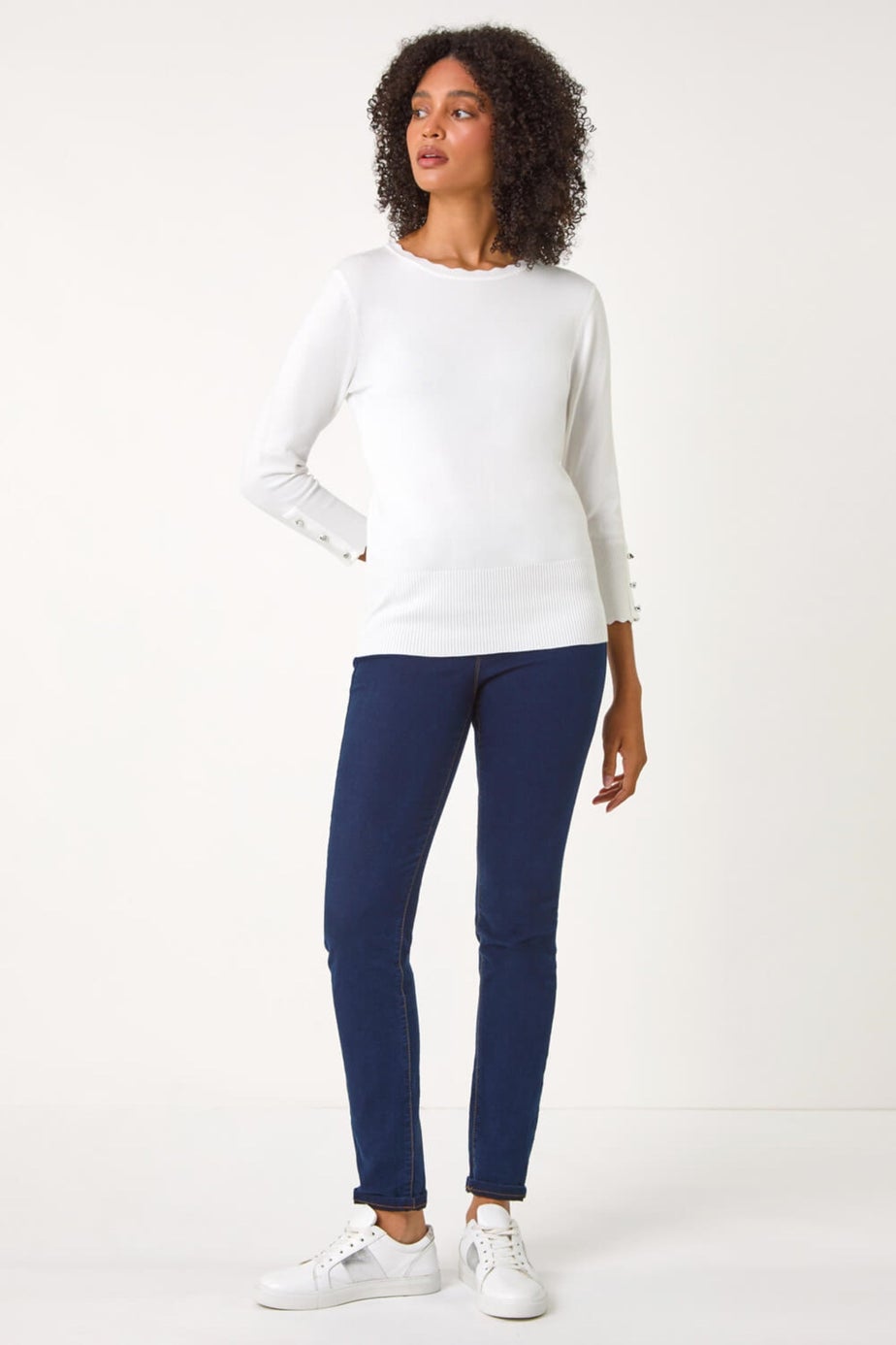 Roman Ivory Scallop Neck Button Knit Jumper