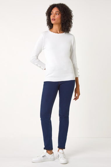 Roman Ivory Scallop Neck Button Knit Jumper