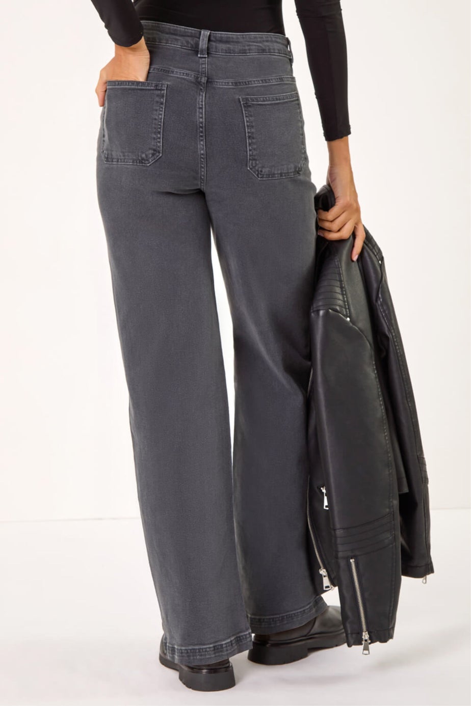 Roman Charcoal Cotton Blend Wide Leg Stretch Jeans