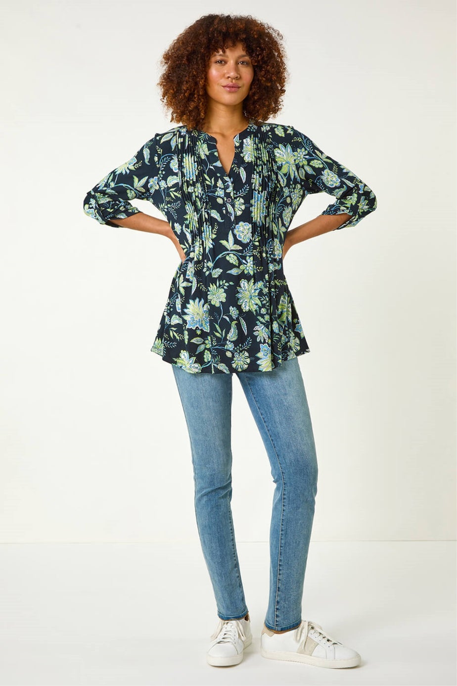 Roman Lime Floral Print Pintuck Shirt