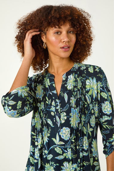 Roman Lime Floral Print Pintuck Shirt