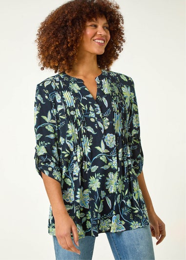 Roman Lime Floral Print Pintuck Shirt