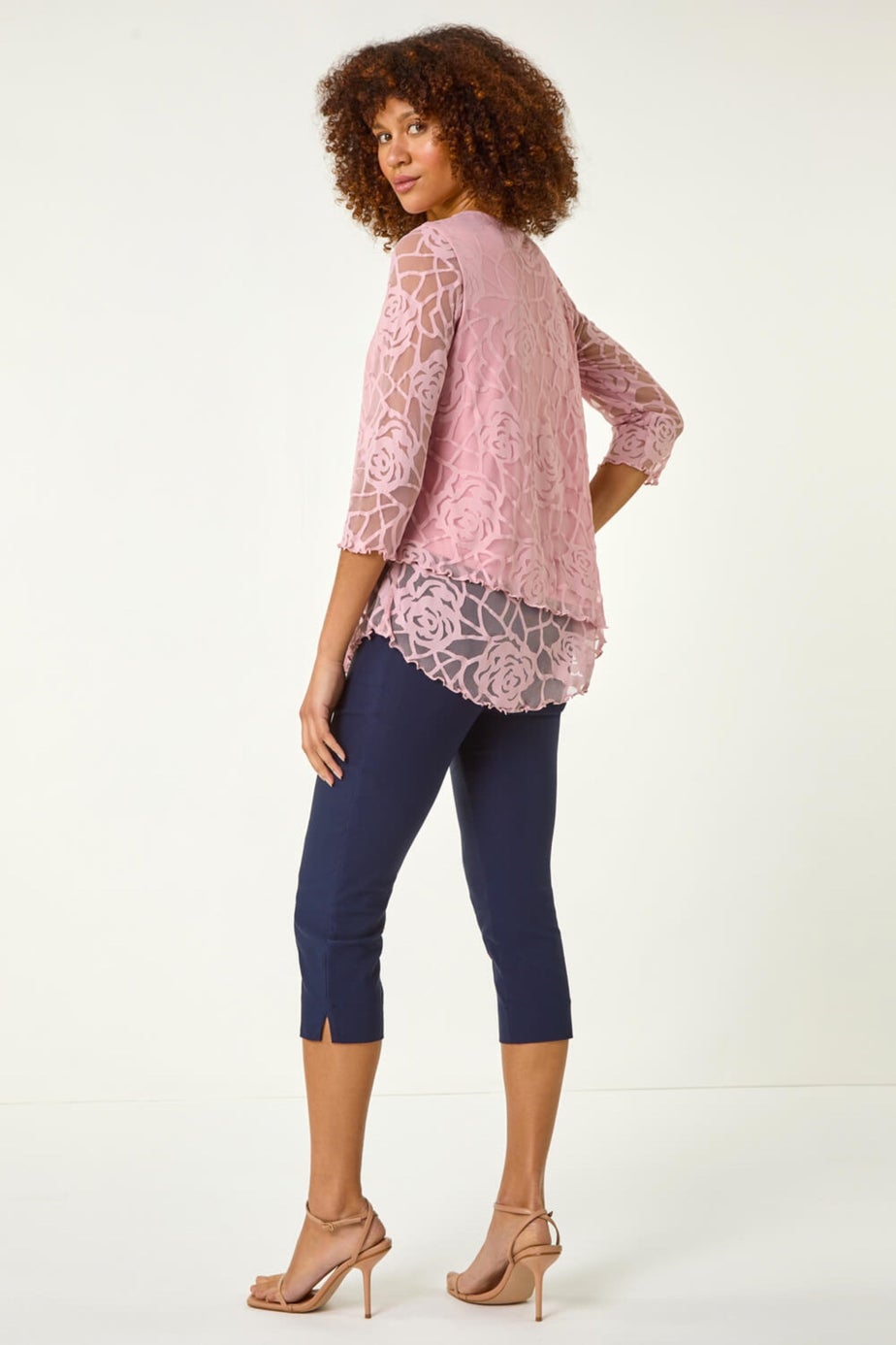 Roman Pale Pink Burnout Rose Detail Asymmetric Top