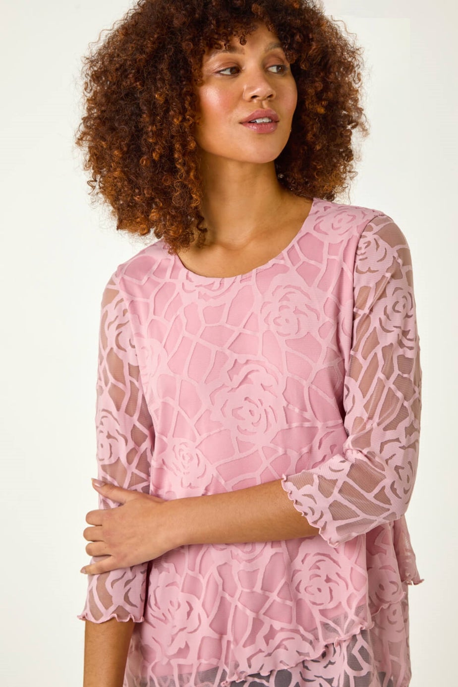 Roman Pale Pink Burnout Rose Detail Asymmetric Top