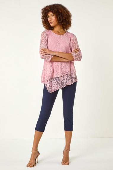 Roman Pale Pink Burnout Rose Detail Asymmetric Top