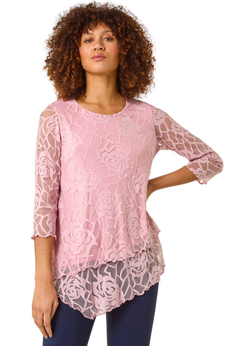 Roman Pale Pink Burnout Rose Detail Asymmetric Top