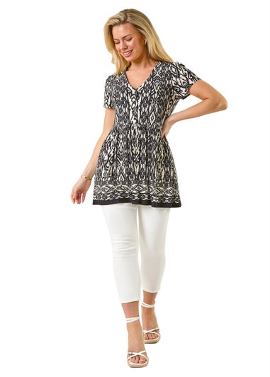 Roman Black Petite Aztec Print V-Neck Tunic Top