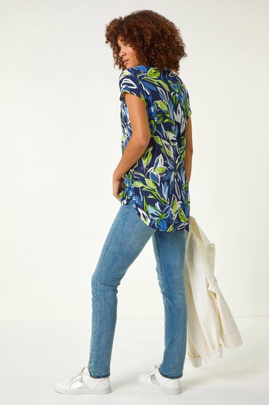 Roman Blue Textured Leaf Print V-Neck Stretch Top