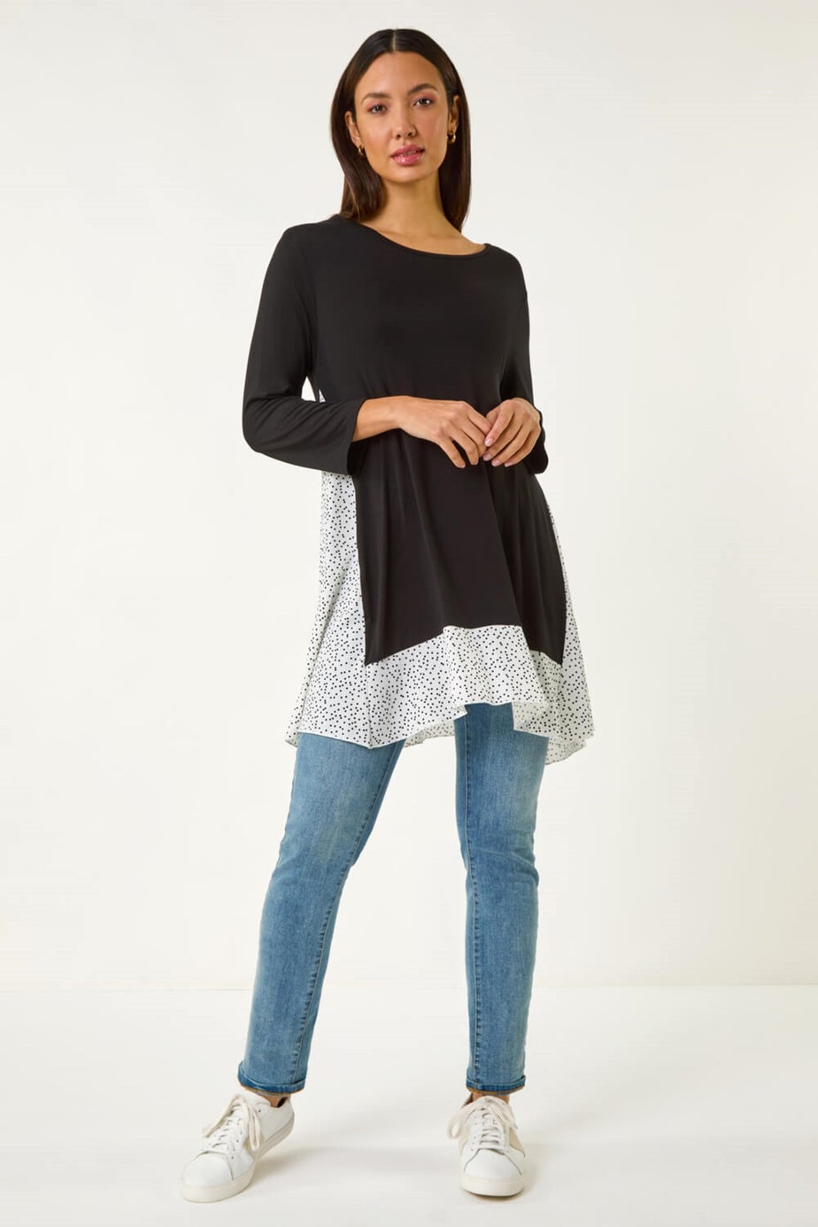 Roman Black Polka Dot Side Split Tunic Top