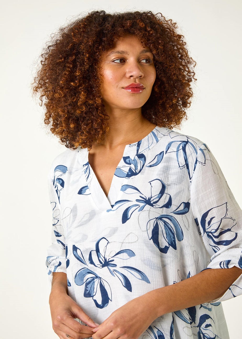 Roman Blue Floral Print Wrapped Hem Top