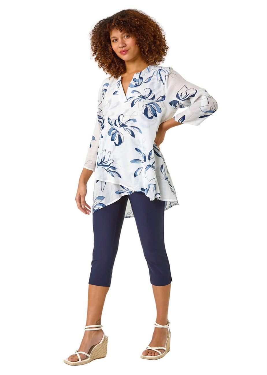 Roman Blue Floral Print Wrapped Hem Top