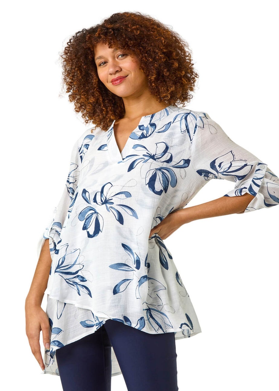 Roman Blue Floral Print Wrapped Hem Top