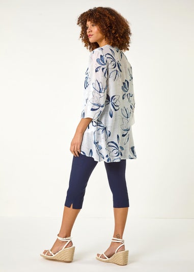 Roman Blue Floral Print Wrapped Hem Top