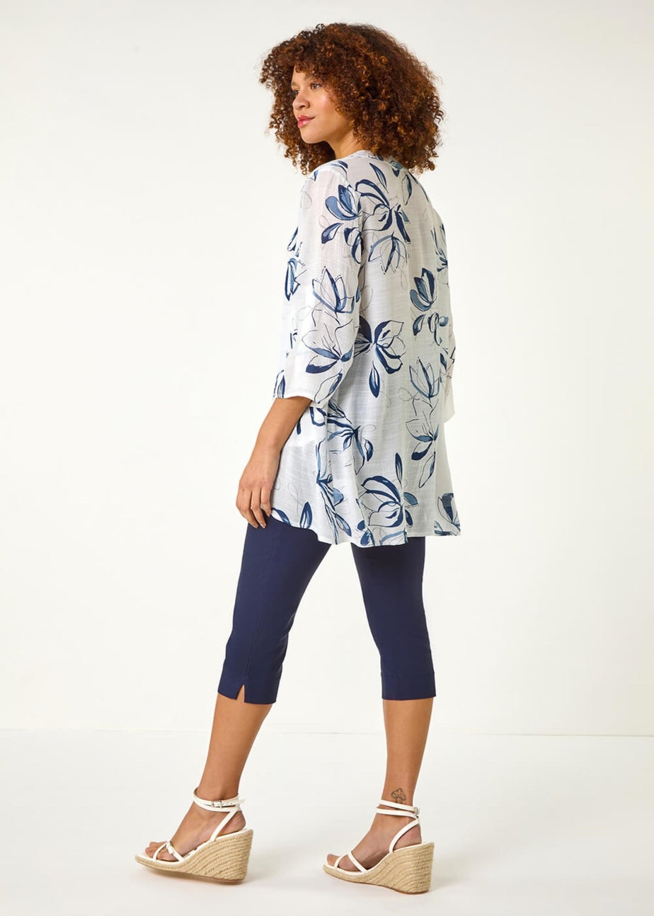 Roman Blue Floral Print Wrapped Hem Top