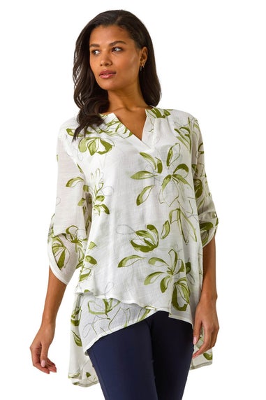 Roman Sage Floral Print Wrapped Hem Top