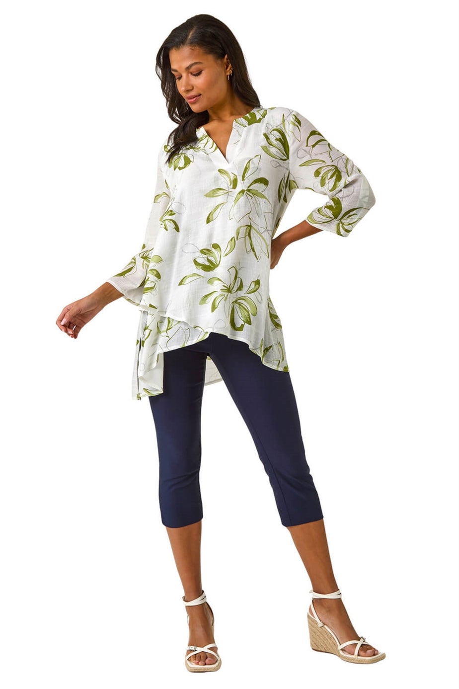 Roman Sage Floral Print Wrapped Hem Top