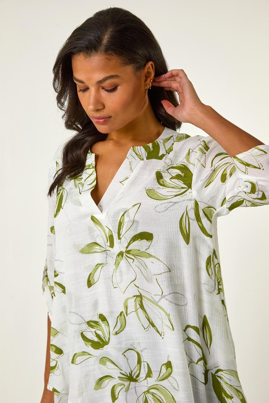 Roman Sage Floral Print Wrapped Hem Top