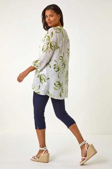 Roman Sage Floral Print Wrapped Hem Top
