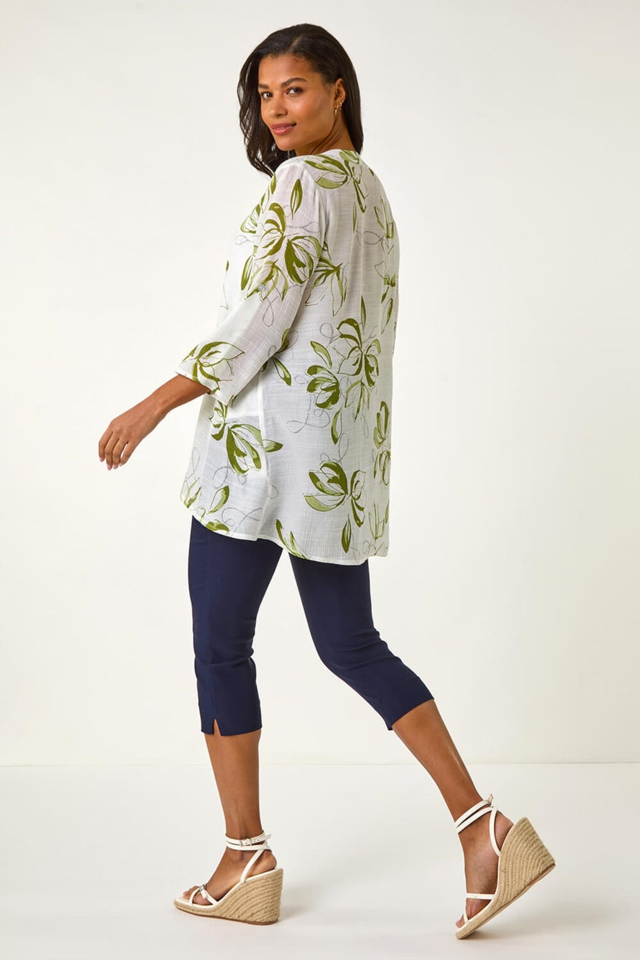 Roman Sage Floral Print Wrapped Hem Top