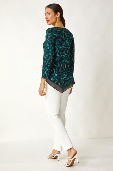 Roman Teal Linear Print Chiffon Hem Stretch Top