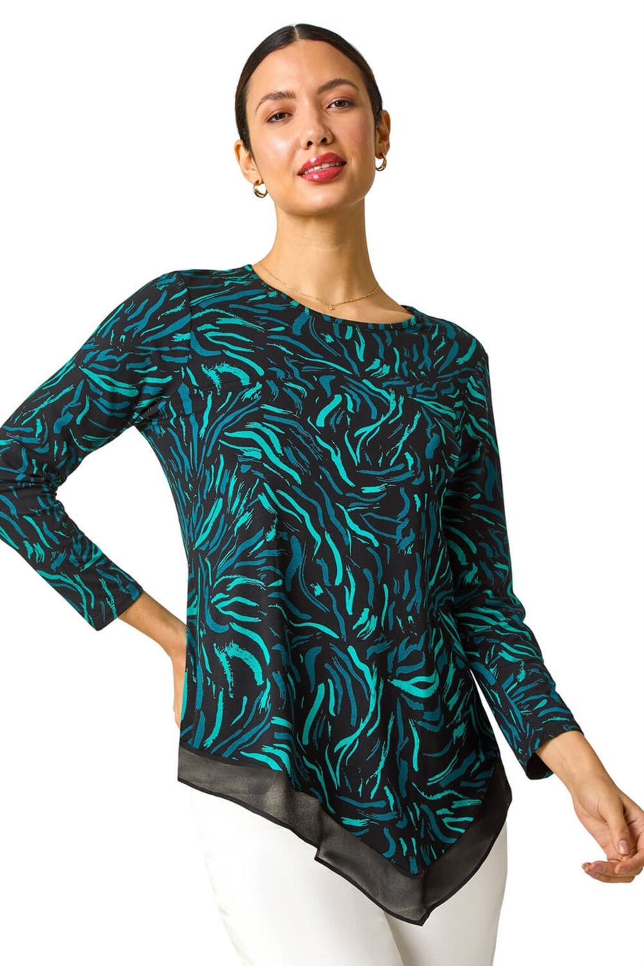 Roman Teal Linear Print Chiffon Hem Stretch Top
