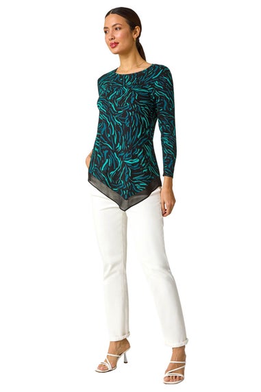 Roman Teal Linear Print Chiffon Hem Stretch Top