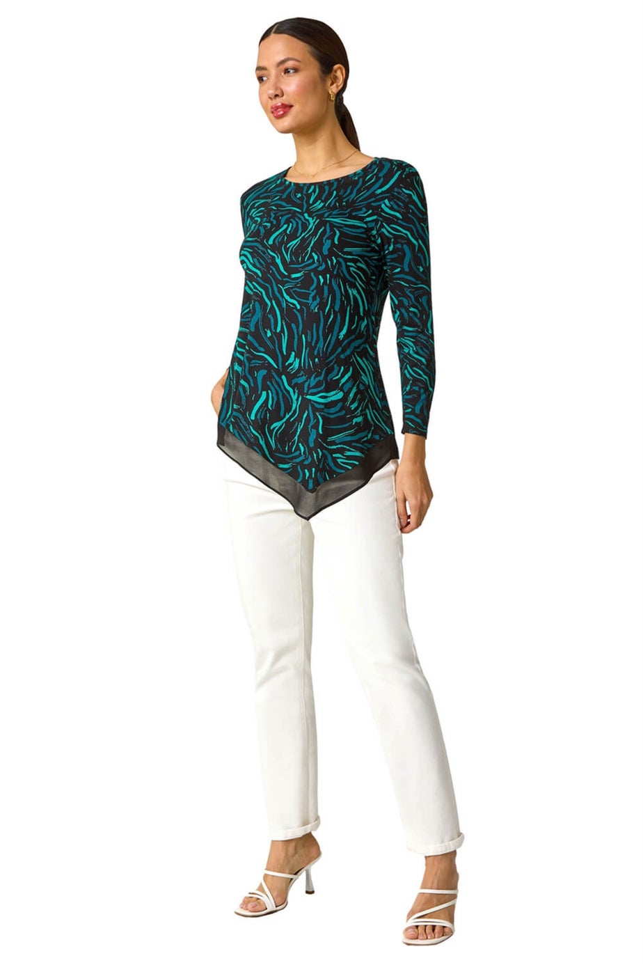 Roman Teal Linear Print Chiffon Hem Stretch Top