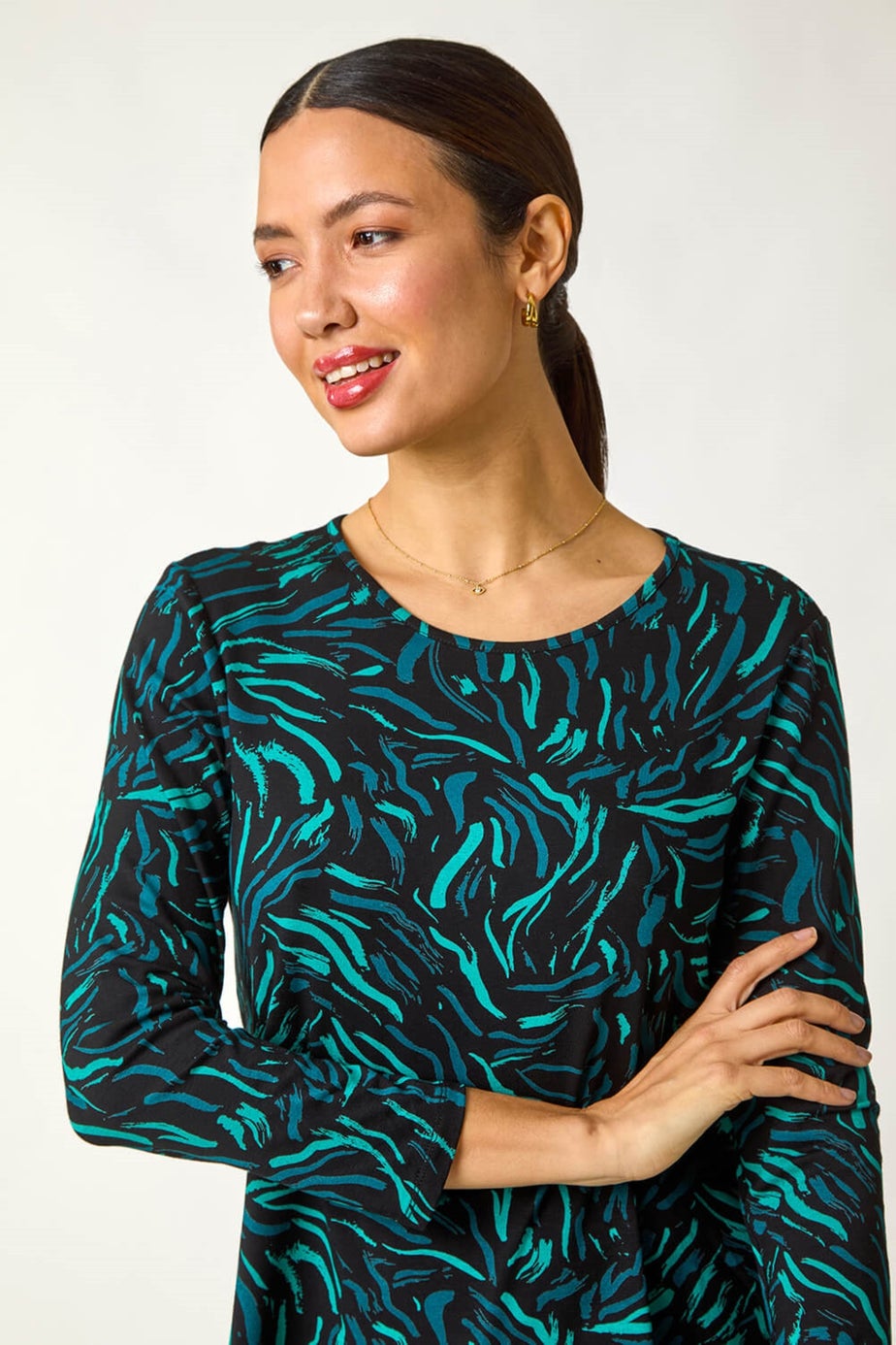 Roman Teal Linear Print Chiffon Hem Stretch Top