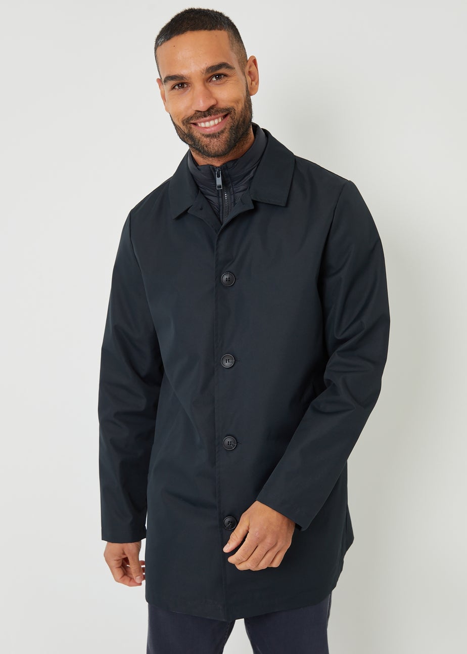 Threadbare Navy Collared Mock Layer Mac Coat