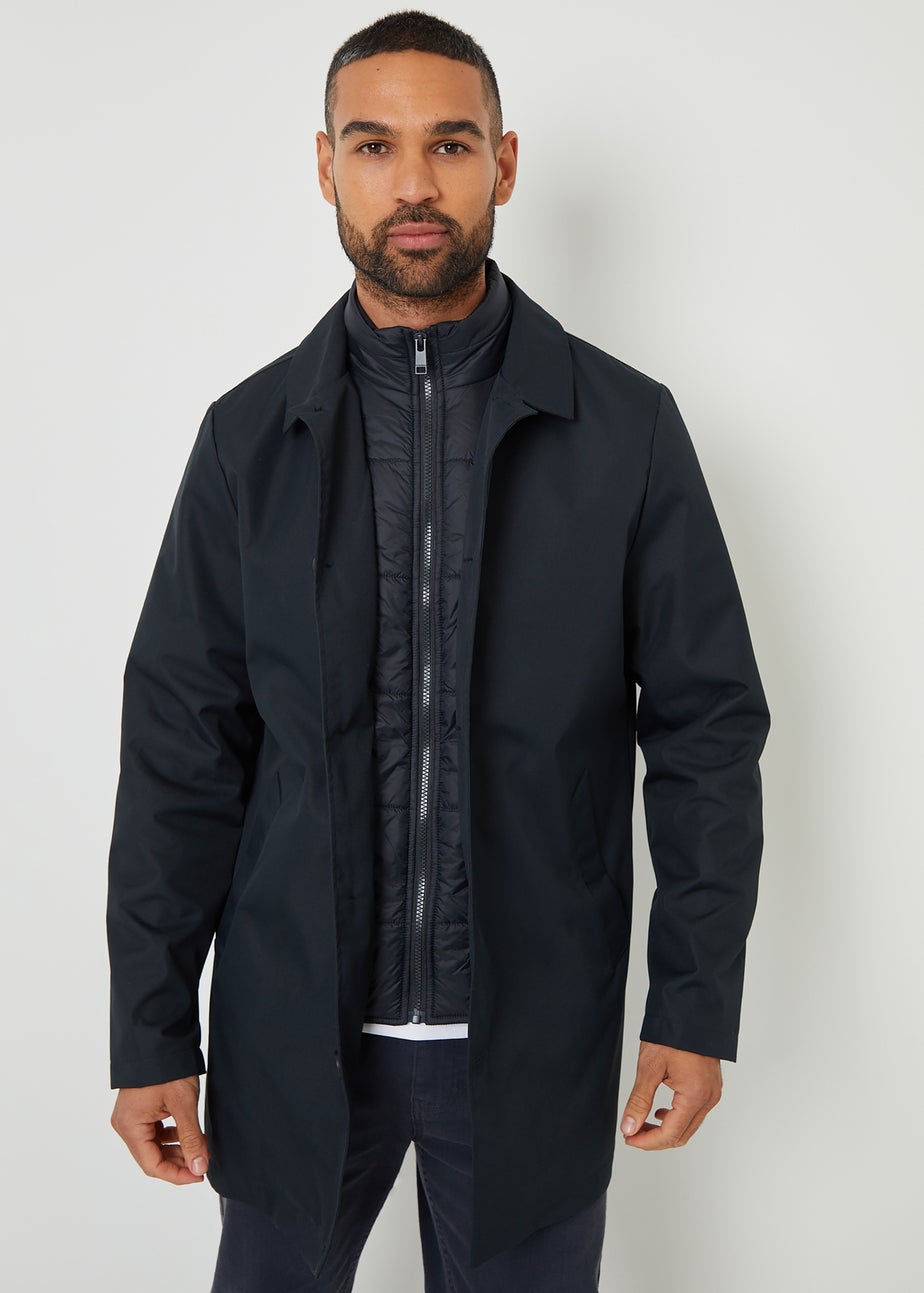 Threadbare Navy Collared Mock Layer Mac Coat