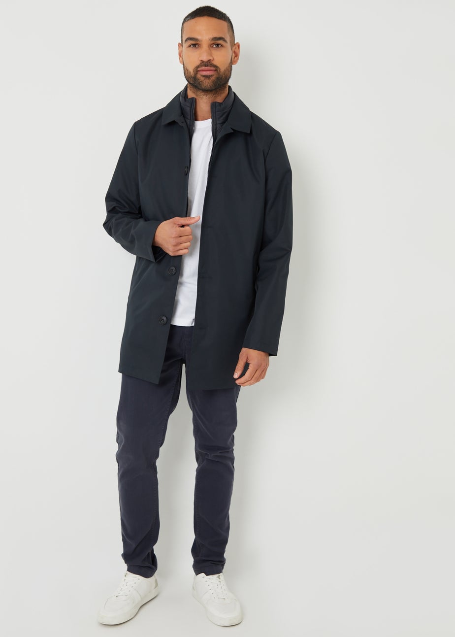 Threadbare Navy Collared Mock Layer Mac Coat