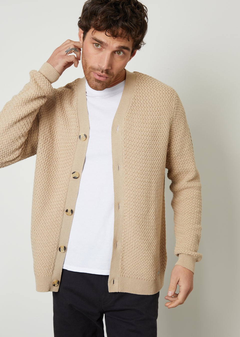 Threadbare Brown Basket Stitch V-neck Cardigan