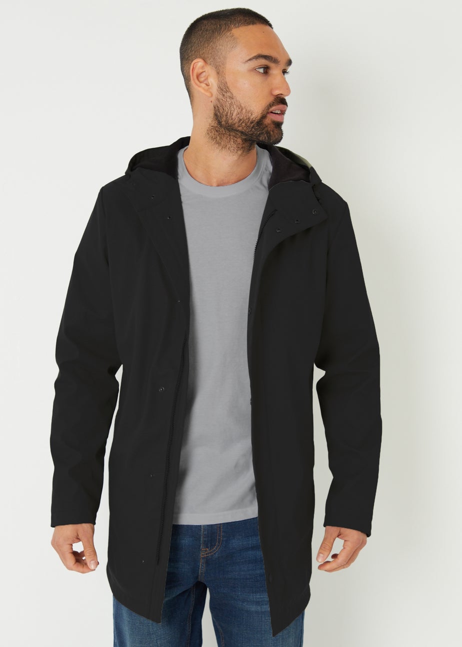 Threadbare Black Microfleece Lined Longline Showerproof Hooded Raincoat