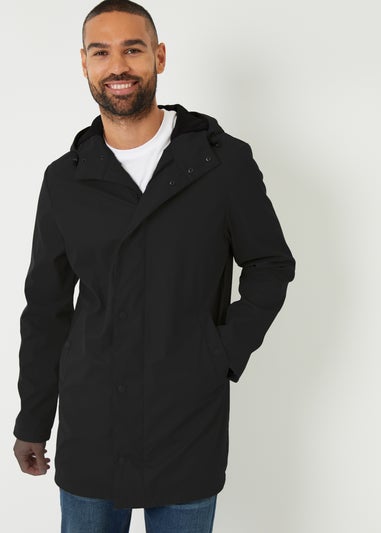 Threadbare Black Microfleece Lined Longline Showerproof Hooded Raincoat