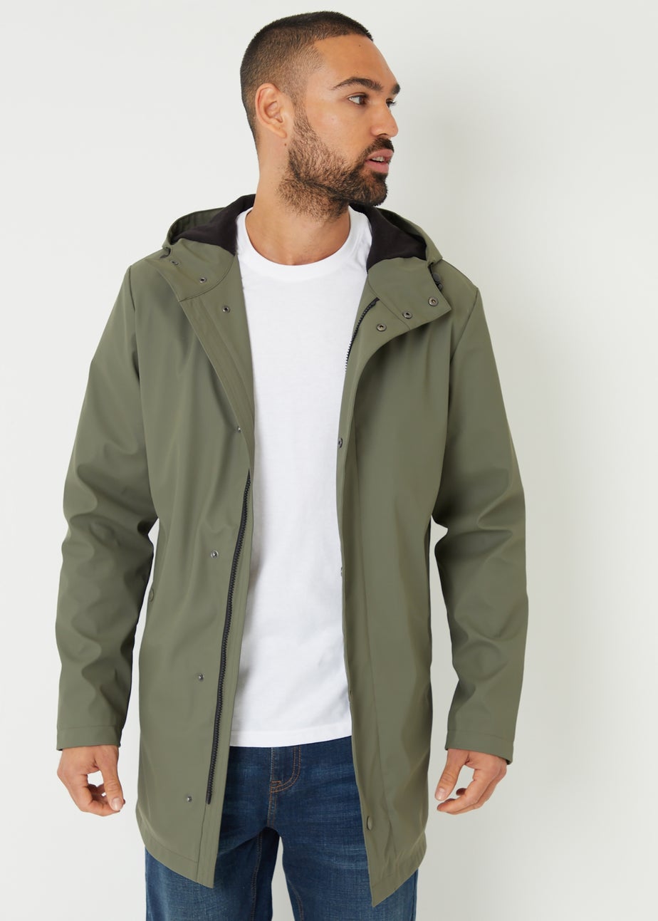 Threadbare Khaki Microfleece Lined Longline Showerproof Hooded Raincoat