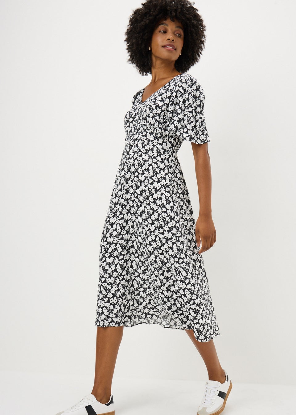 Black Ditsy Floral V Neck Midi Dress