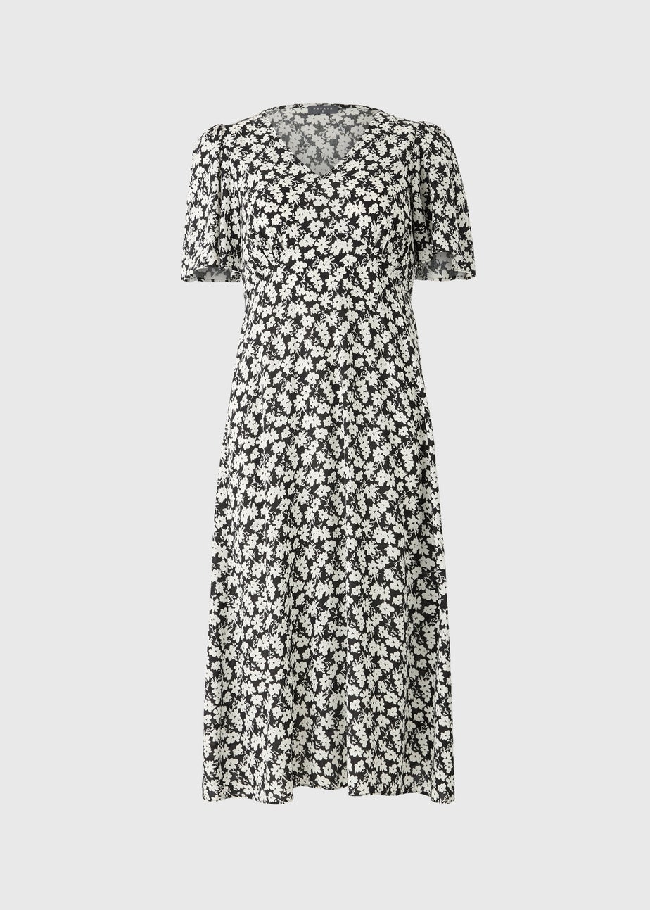 Black Ditsy Floral V Neck Midi Dress