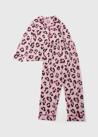 Girls Pink Leopard Button Pyjama Set (7-13yrs)