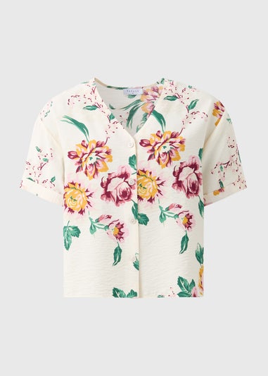 Cream Floral Button V-Neck Shirt